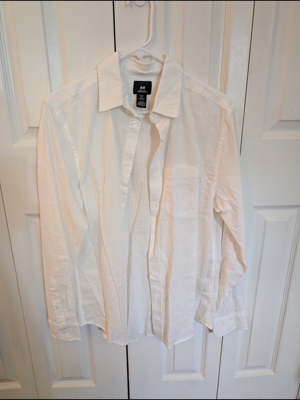 H&M White Long-Sleeve Linen-Blend Button-Down Shirt